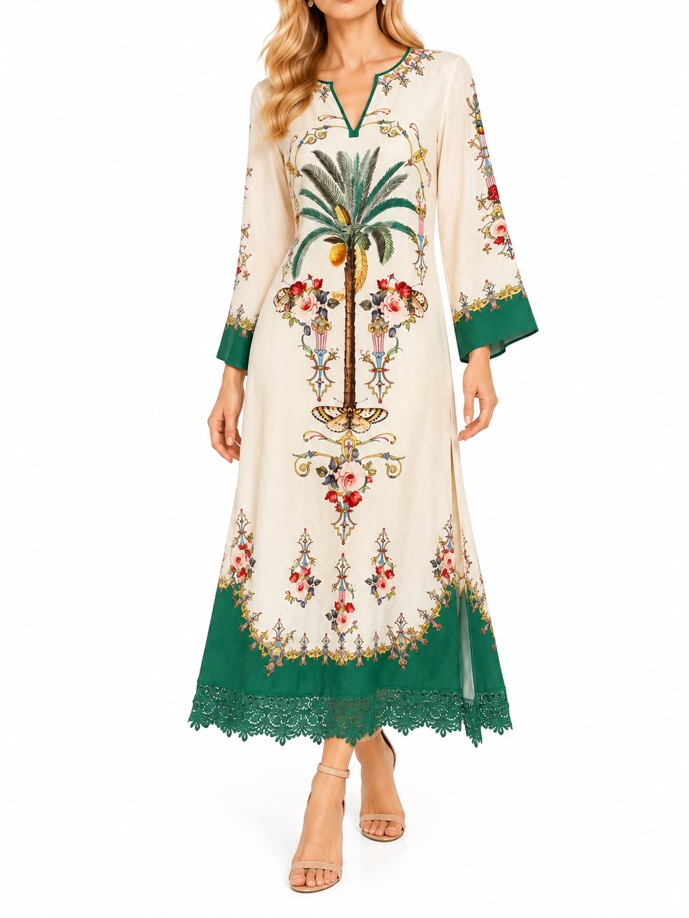 Cream and Green Palm-Print Maxi Dress